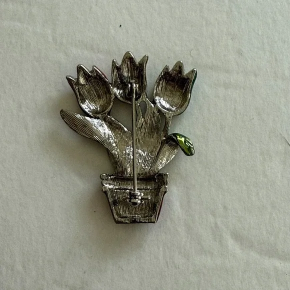 Tulip Flowers Pot Pin Brooch Jewelry Plant 1.75" - Picture 2 of 3
